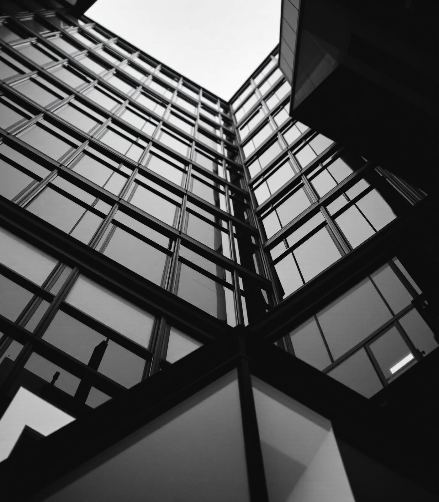 Black-and-white detail of a modern office facade