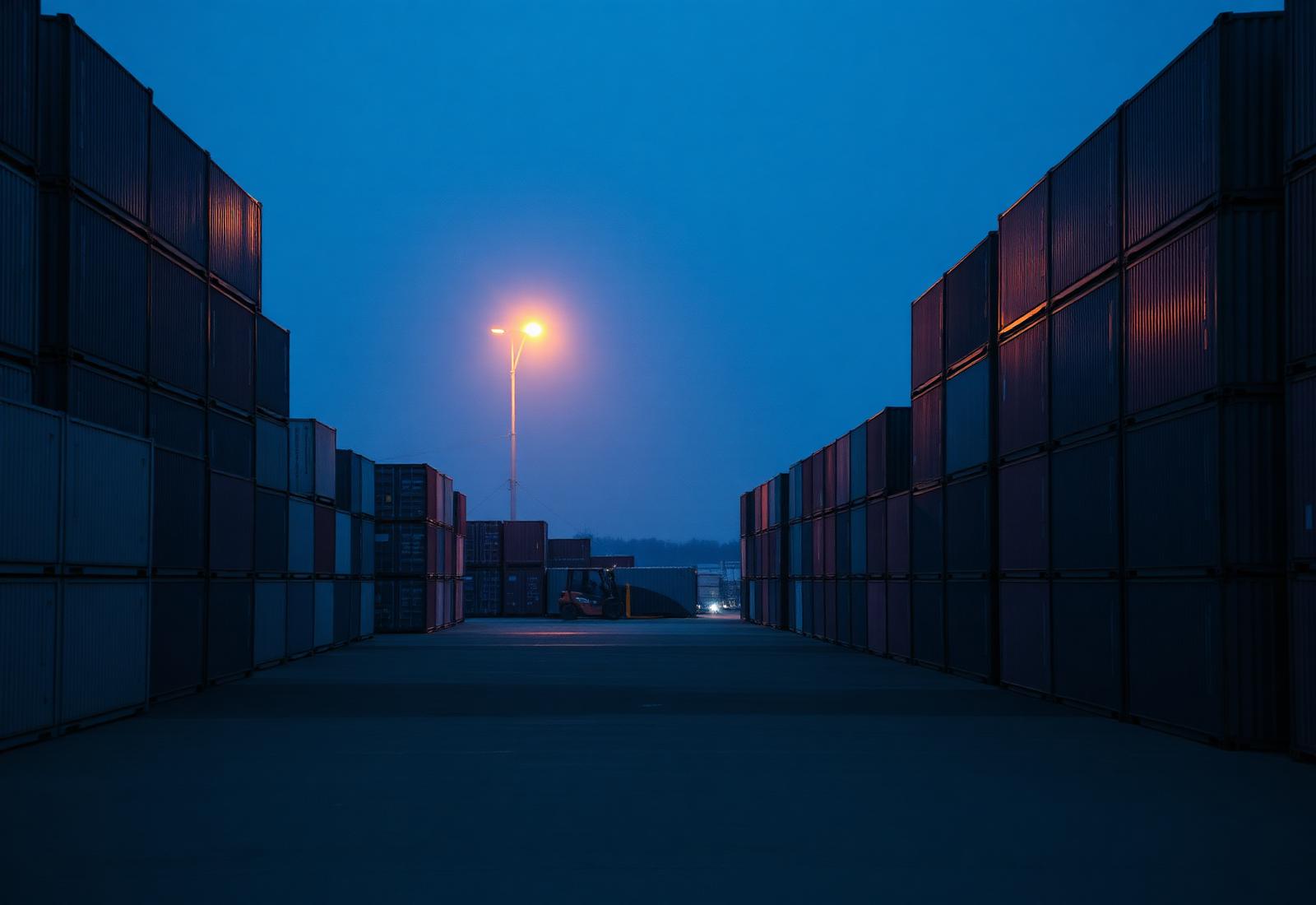 A container yard at dawn, stacked shipping containers under a single lamp